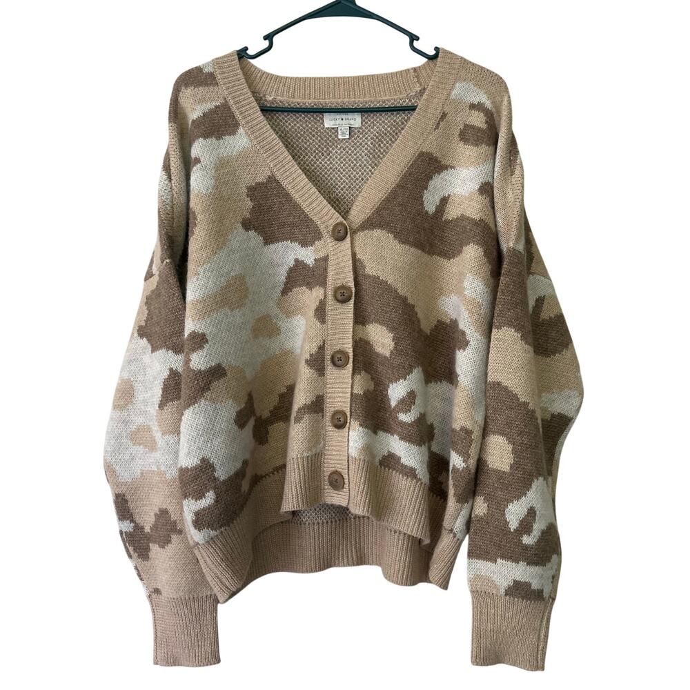 Lucky Brand Camo Cardigan Wool Blend Oversized Neutral Sweater XL